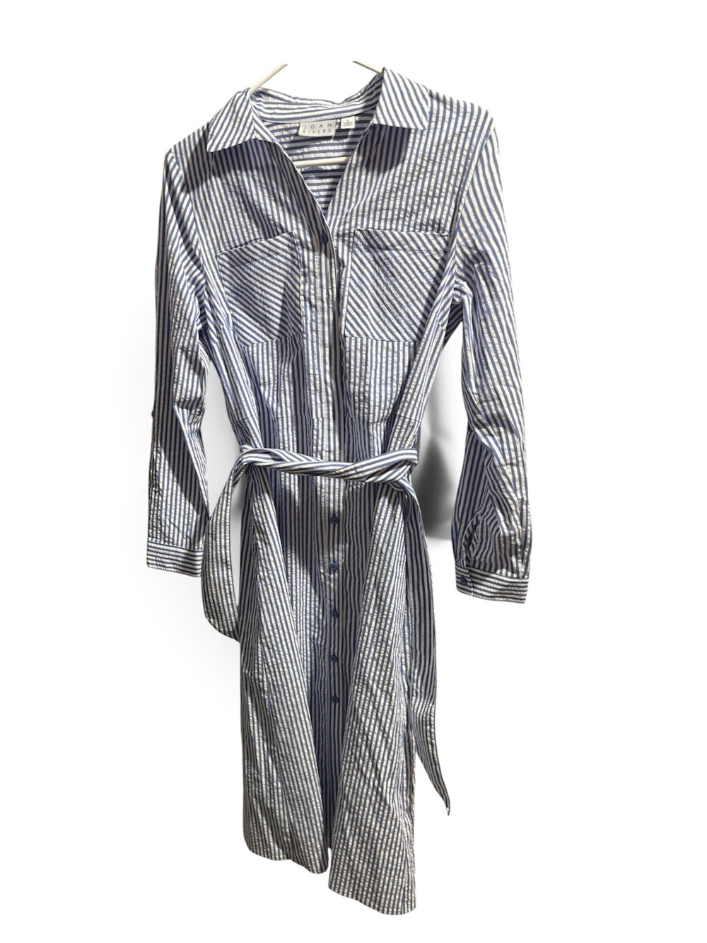 Joan Rivers Blue and White Striped Shirt Dress with Waist Tie
